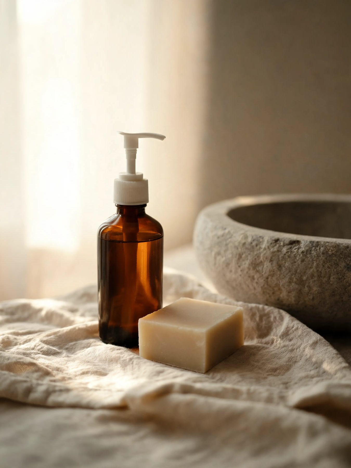 Amber glass bottle and a cut bar of soap on linen beside a stone basin